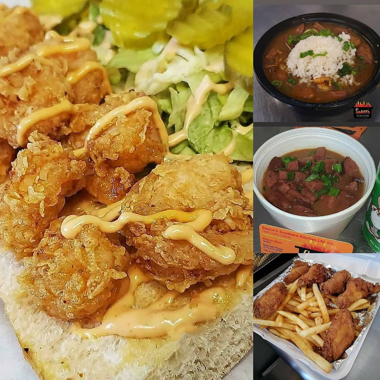 Fried shrimp po-boy, chicken and sausage gumbo, red beans, and fried wings served at Sauce's Southern Kitchen